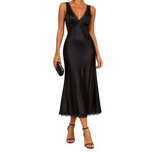 American Eagle Black Satin Lace Trim Midi Slip Dress XL NWOT